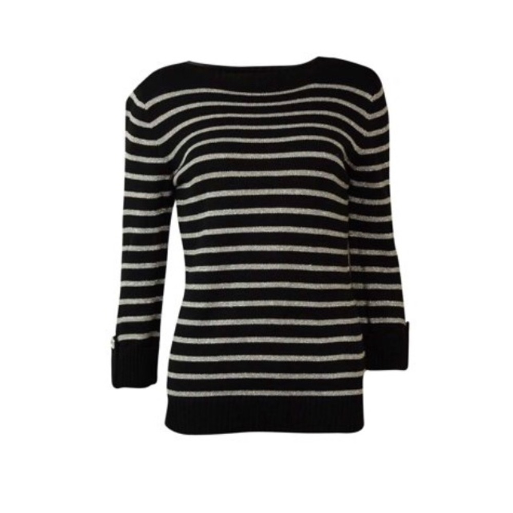 Karen Scott Metallic Cuffed-Sleeve Striped Sweater